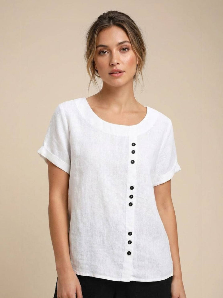 Foreen Scoop-Neck Top with Off-Center Button Detail
