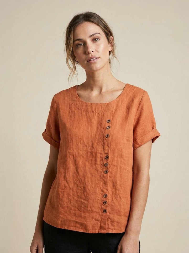 Foreen Scoop-Neck Top with Off-Center Button Detail