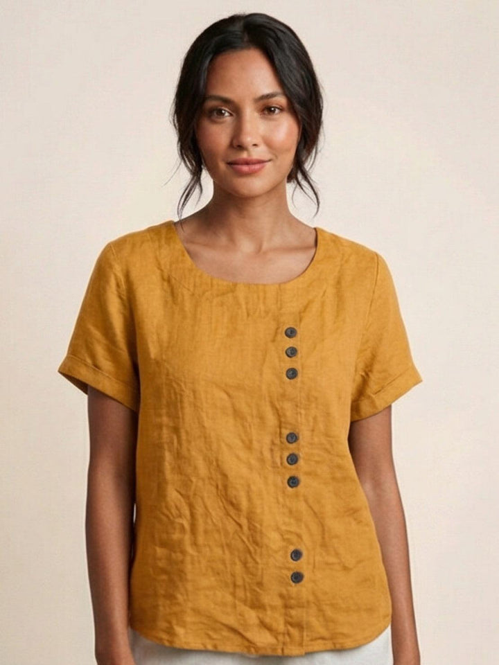 Foreen Scoop-Neck Top with Off-Center Button Detail