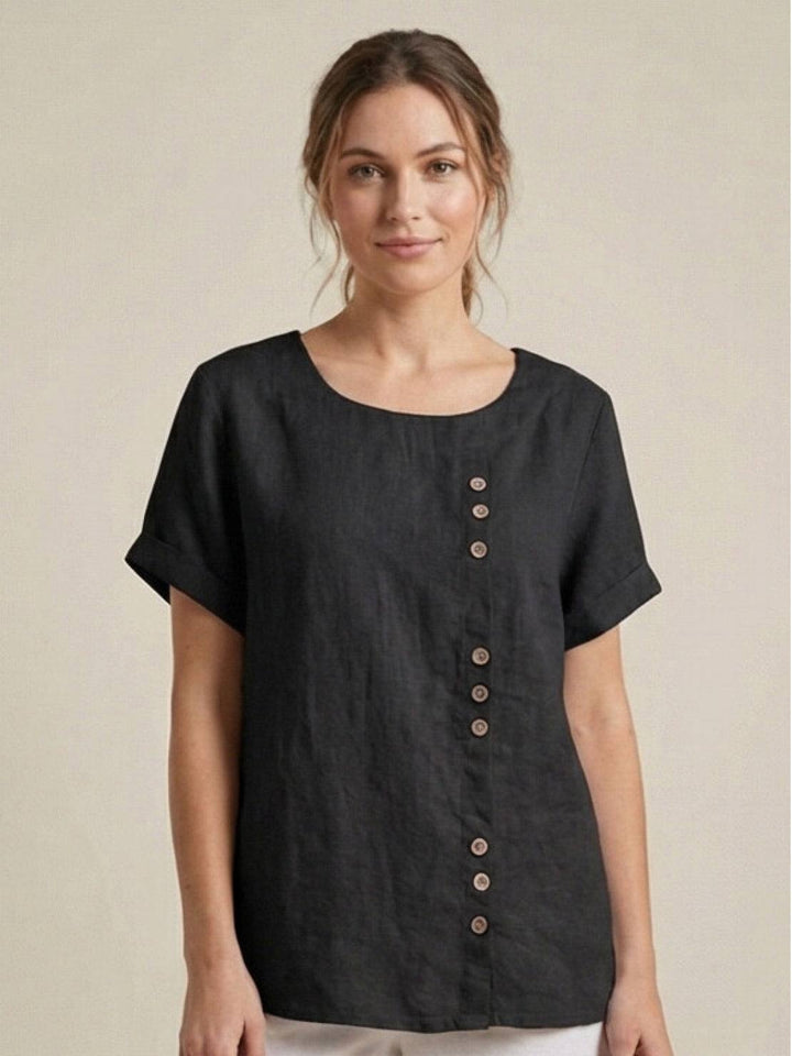 Foreen Scoop-Neck Top with Off-Center Button Detail
