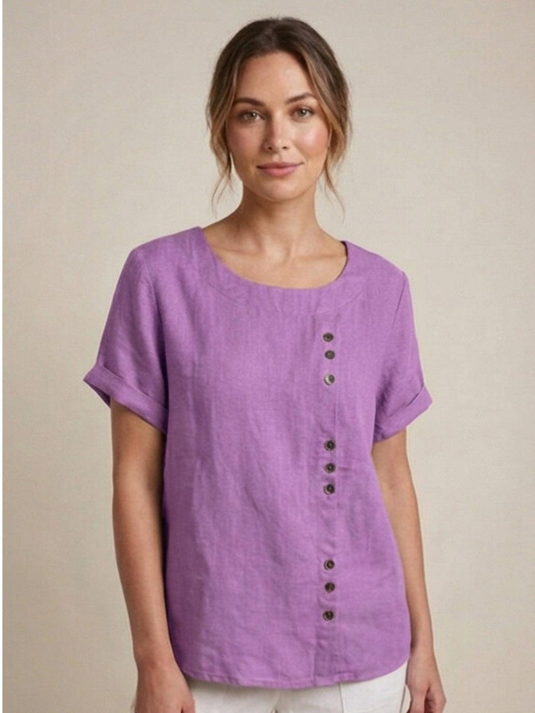 Foreen Scoop-Neck Top with Off-Center Button Detail