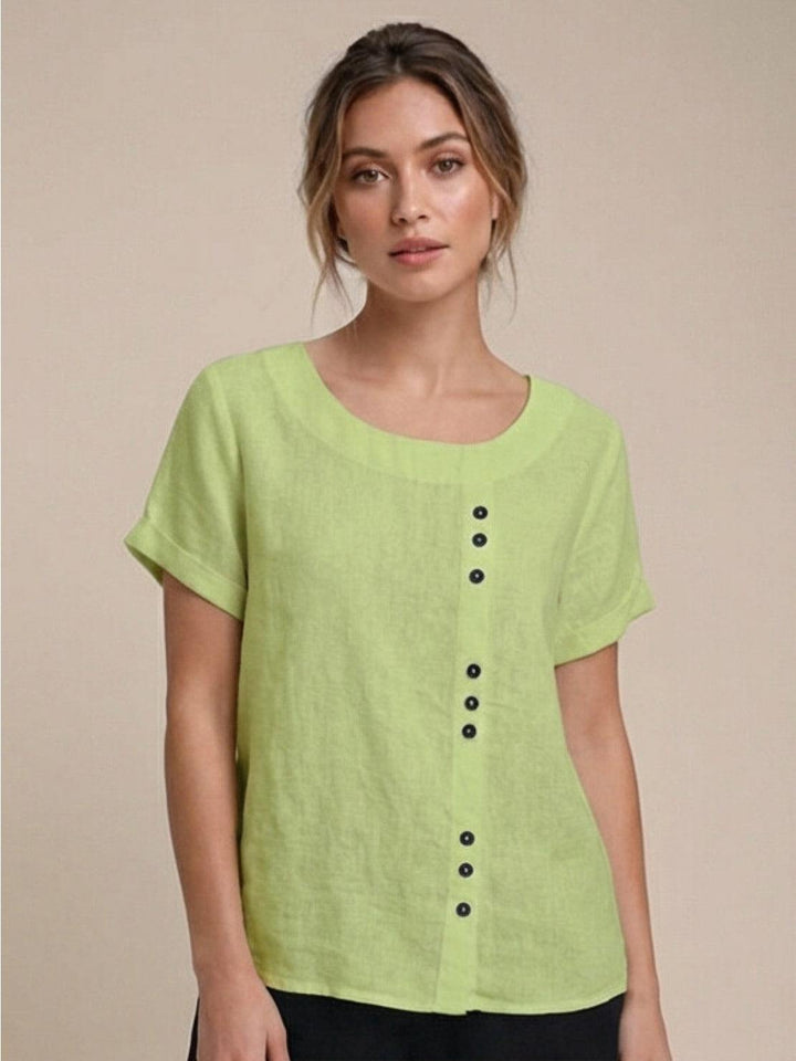 Foreen Scoop-Neck Top with Off-Center Button Detail