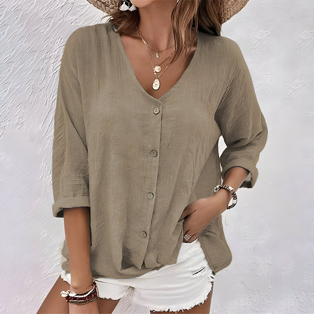 Marcia Relaxed V Neck Button Blouse