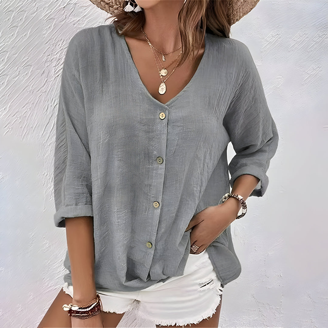 Marcia Relaxed V Neck Button Blouse